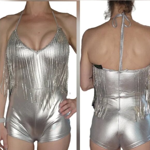 Silver Metallic Short Romer Woth Crystal Fringe - Picture 5 of 5